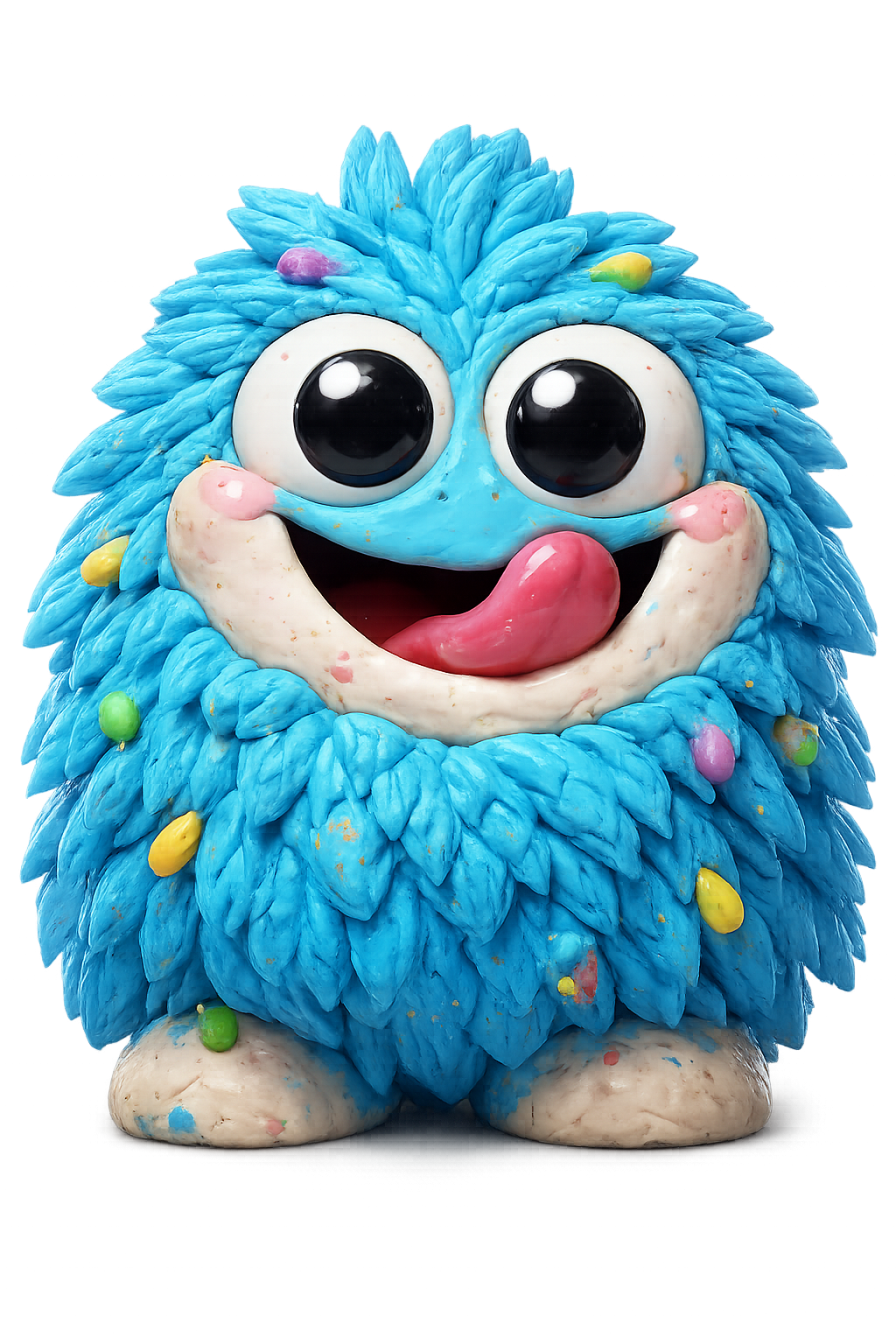 YumYum character, clay covered in blue fur, licking her lips